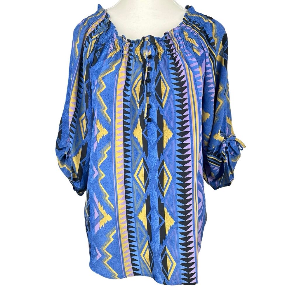 Yumi Kim Silk Geometric Print Off Shoulder‎ Smocked Neck Blouse Top S
